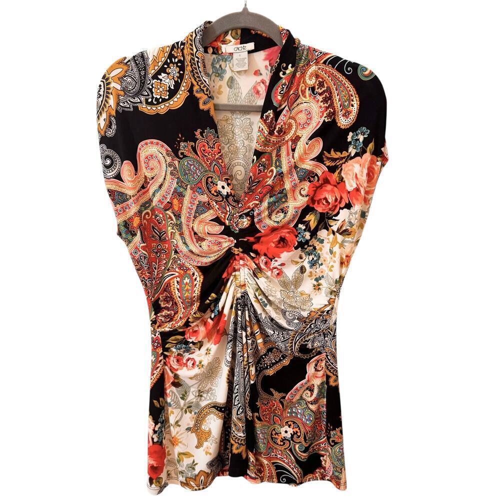 y2k Vintage Cache Multicolor Paisley Floral Ruched V-Neck Top Stretch Boho Sz S